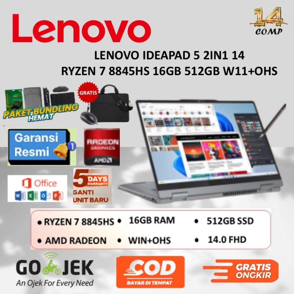 LENOVO IDEAPAD 5 2IN1 14 RYZEN 7 8845HS 16GB 512GB W11+OHS 14" WUXGA