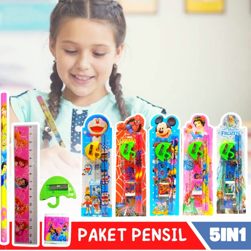 

Stationery Set 5 in 1 Alat Tulis Anak Sekolah Penghapus penggaris Pensil Serutan Karakter Lucu
