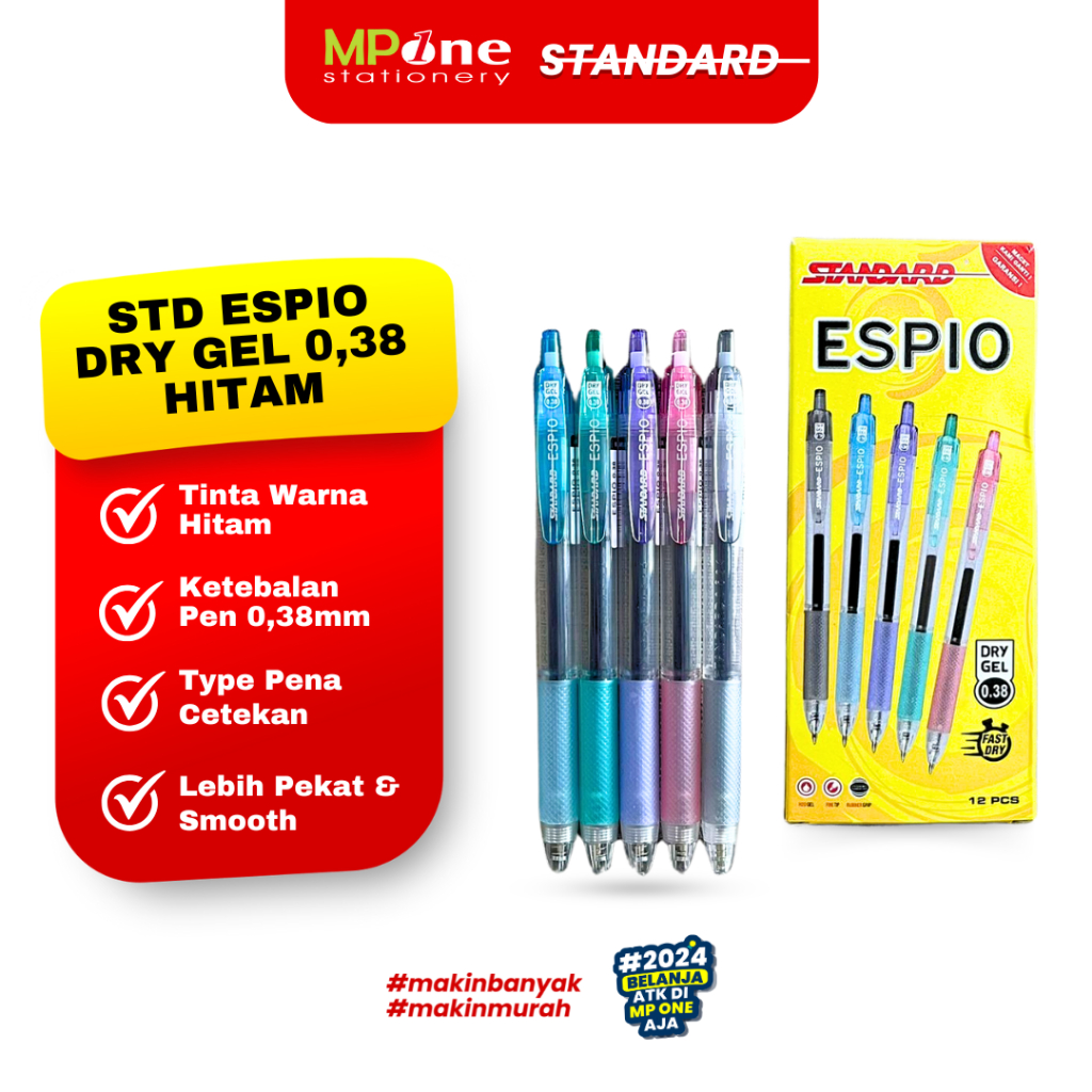

(1 KOTAK) Standard Pena Espio Dry Gel 0,38mm Tinta Hitam / Pulpen Gel Cetekan Isi 12 Pcs STD ESPIO