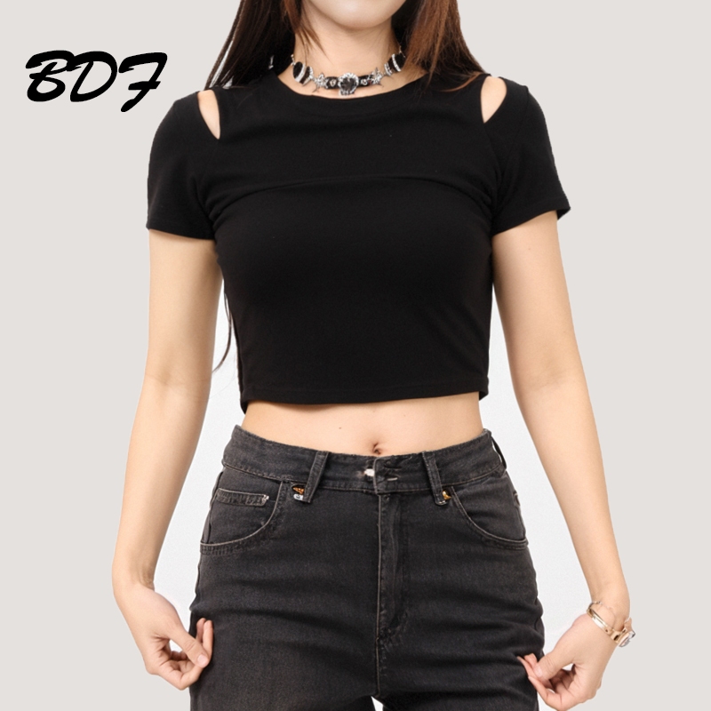 BDF丨Kaos hitam Lengan Pendek hollow out/Loose short sleeve T-shirt woman/White V-neck slim-fit Baju 