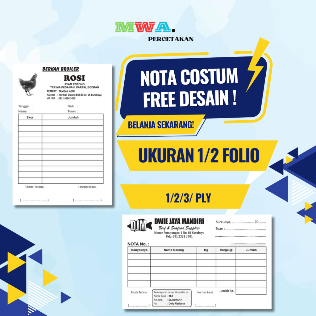 Cetak Nota Costum 1/2 Folio, Bisa 1-3ply FREE DESAIN