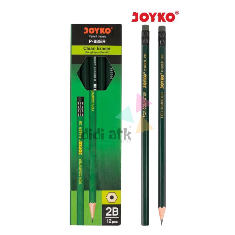 

Pensil Pencil 2B Joyko P-88ER Hexagonal Grip Ada Penghapus 1 Pak Isi 12 Pcs