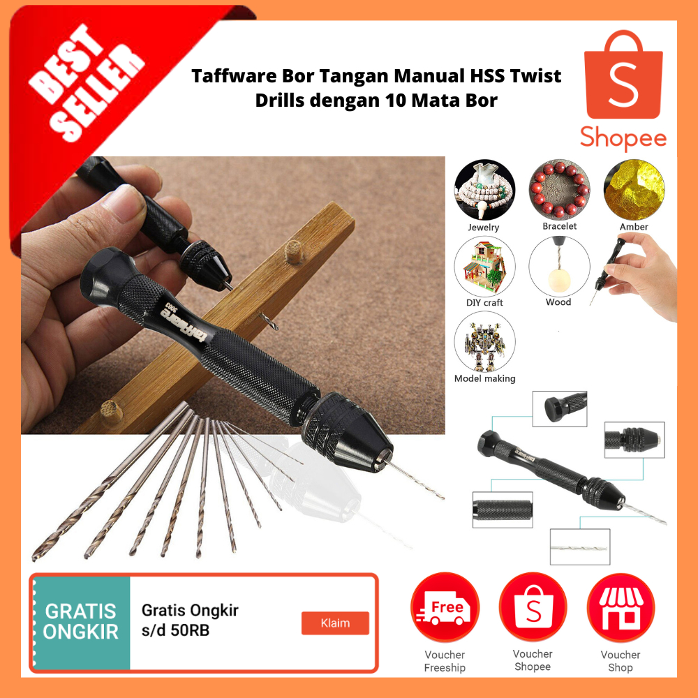Bor Tangan Manual HSS Twist Drills dengan 10 Mata Bor / Bor Tangan Mini Manual Chuck Tanpa Kunci