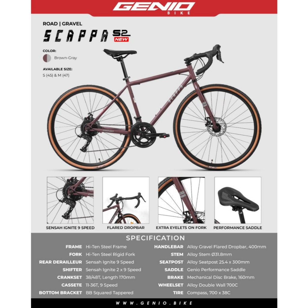SEPEDA ROAD BIKE GRAVEL 700 GENIO SCAPPA S2 9 SPEED NEW