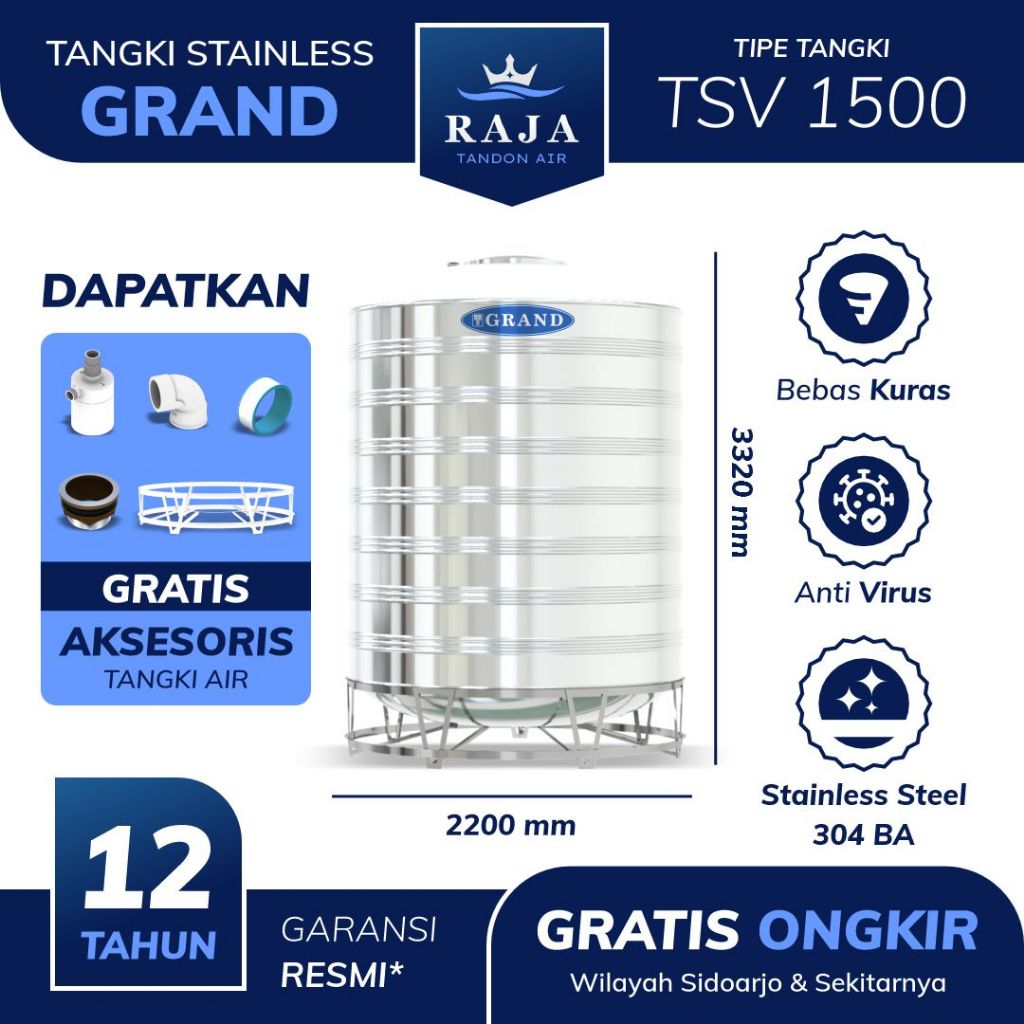 Tangki Tandon Toren Air Stainless Steel Grand TSV 12000 Garansi 12 Tahun Free Ongkir