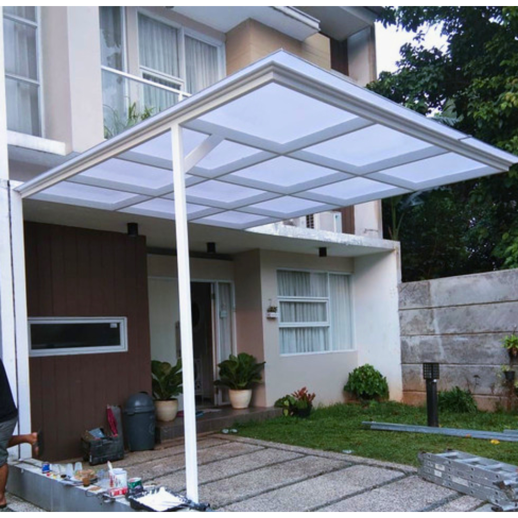 Kanopi besi Galvanis atap kaca tempered 8mm surabaya
