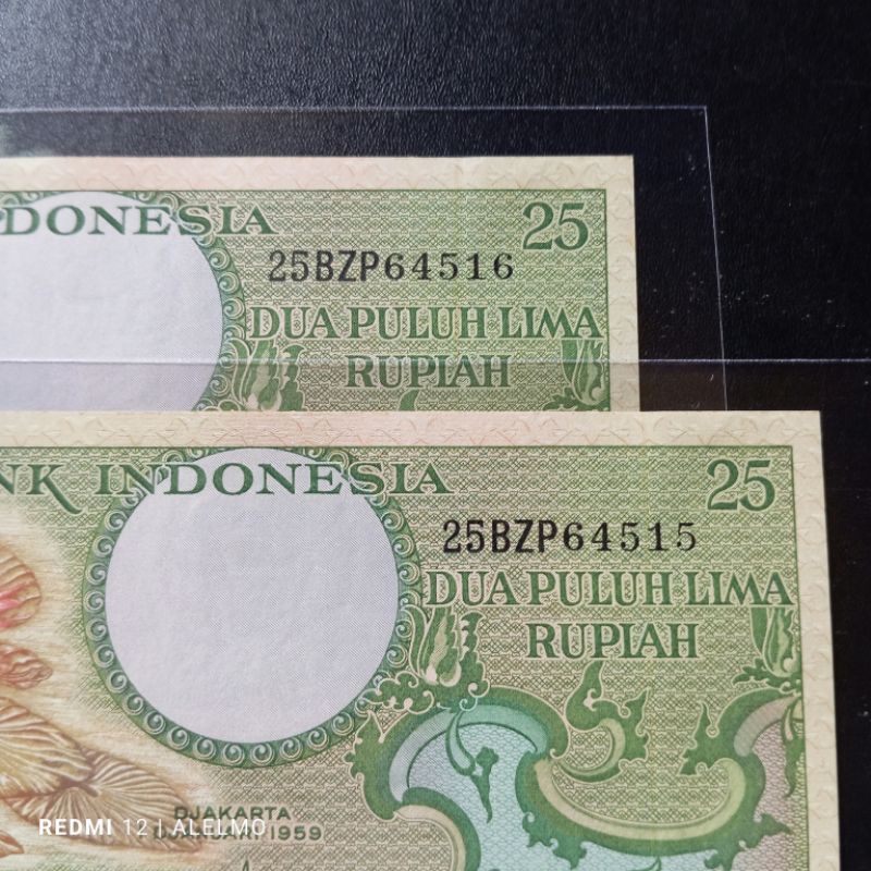 2 lembar no seri urut uang kertas kuno 25 seri bunga tahun 1959