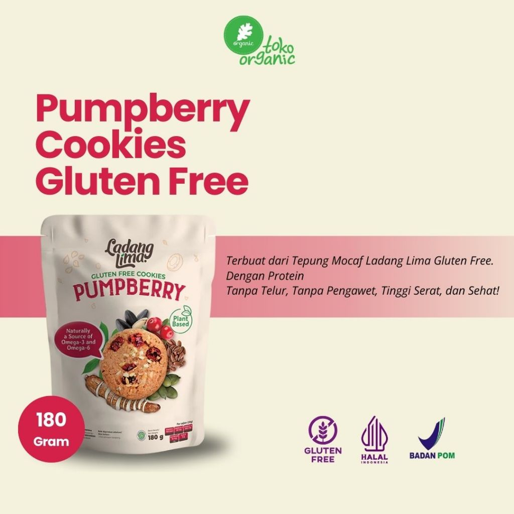 

Ladang Lima Gluten Free Pumpberry Cookies (180gr) Cookies Sehat cocok untuk Diet, Cookies Gluten Free rasa Berry dan Seed, Egg Free