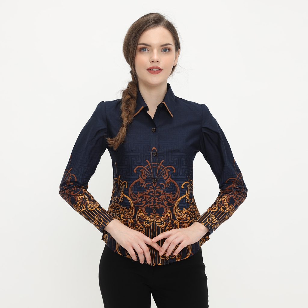 LUIGI RICCIO Kemeja Batik Wanita Katun Modern Casual Kerja Kantor Navy Series