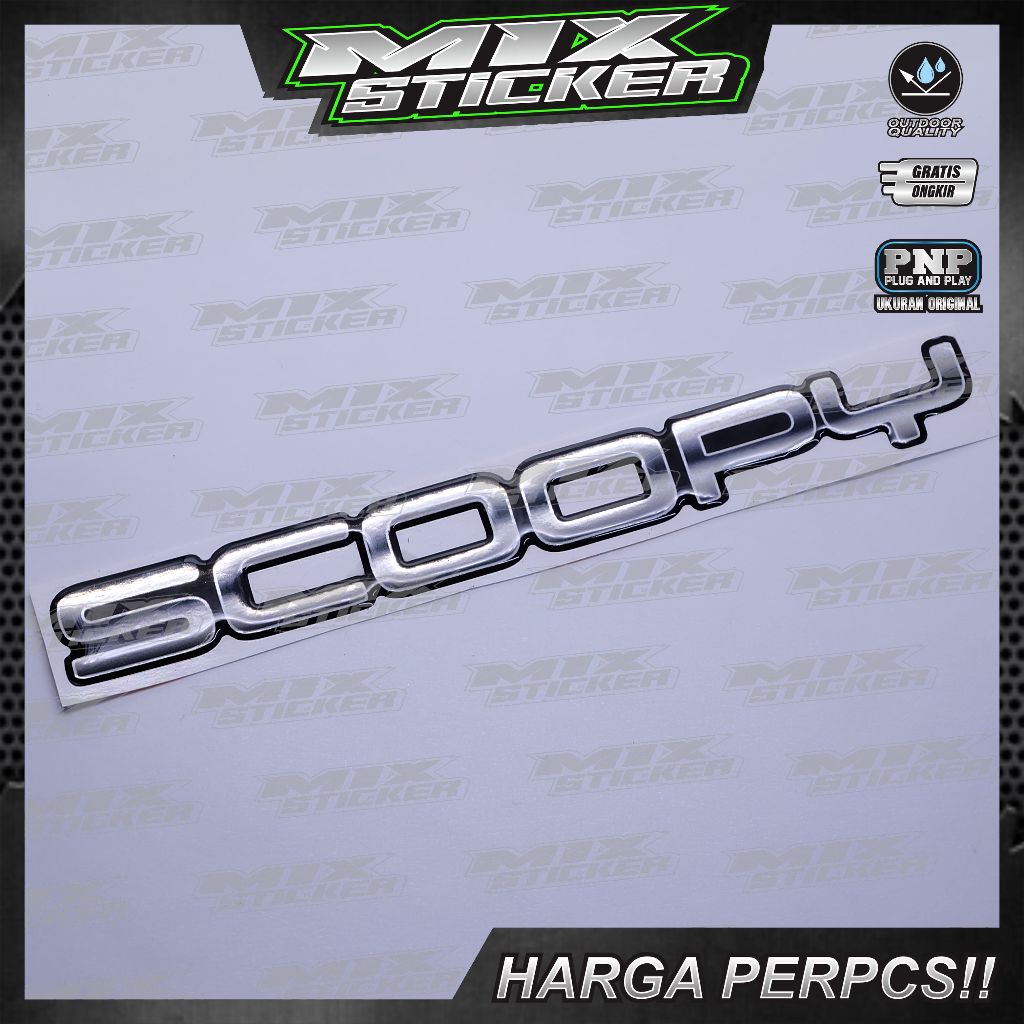 emblem timbul scoopy font digital silver, emblem scoopy font digital silver