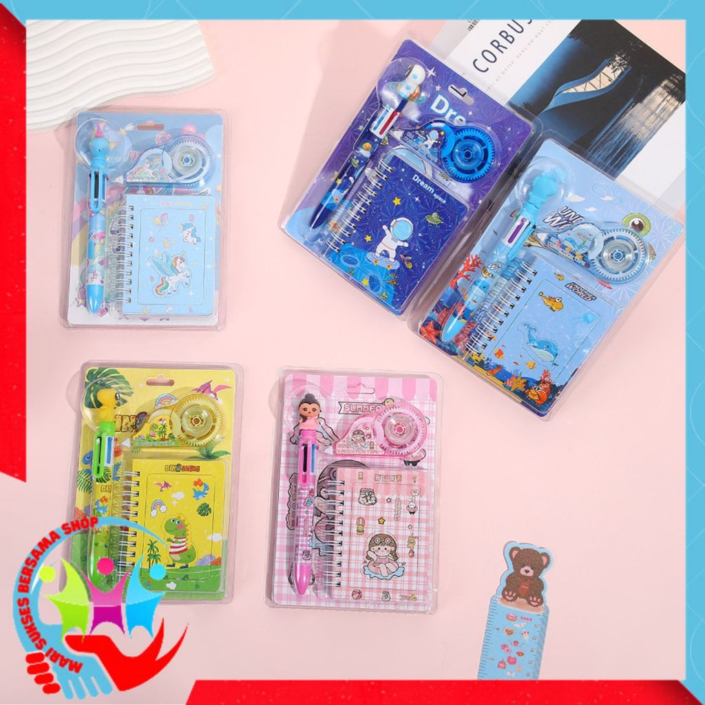 

MSBS Alat Tulis Set 3IN1 Stationery Set Lucu Karakter Kartun + Correction Tape Perlengkapan Sekolah Anak-Anak TK Souvenir Ulang Tahun Anak Alat Tulis 3 IN 1 Stationery Gift Set Children Day Gifts Cartoon Six-Color Ballpoint Pen with Correction Tape