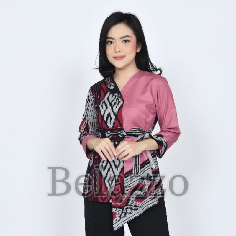 READY STOCK Baju Atasan Kemeja Blouse Batik Tenun Wanita Modern Warna Pink