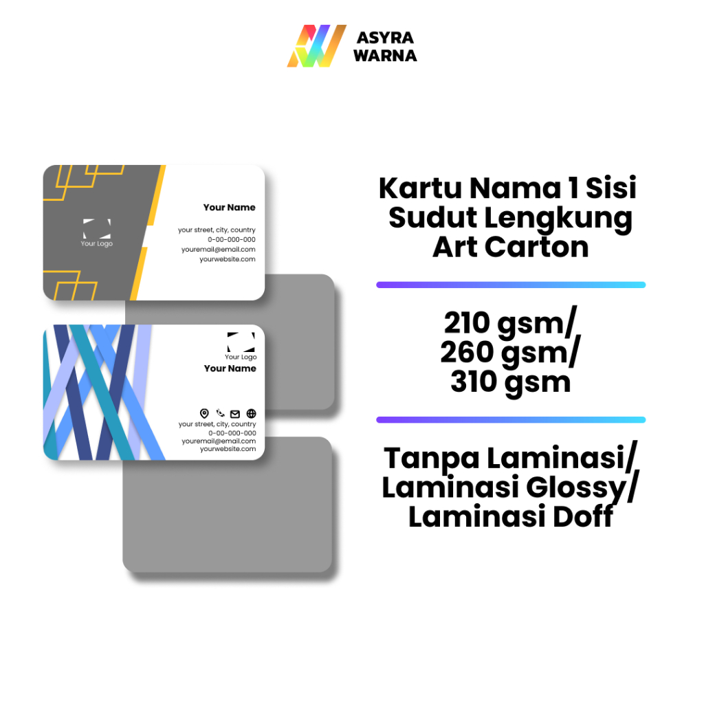 

Kartu Nama | 1 Sisi | Sudut Lengkung | 210/260/310 gsm | Tanpa Laminasi/Glossy/Doff