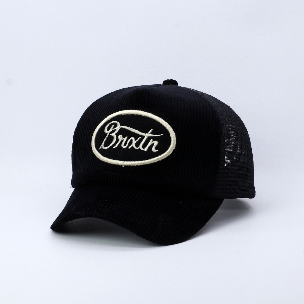 TOPI JARING TRUCKER HAT LIDAH PENDEK BAHAN CORDUROY HITAM VISOR PENDEK BRXTN