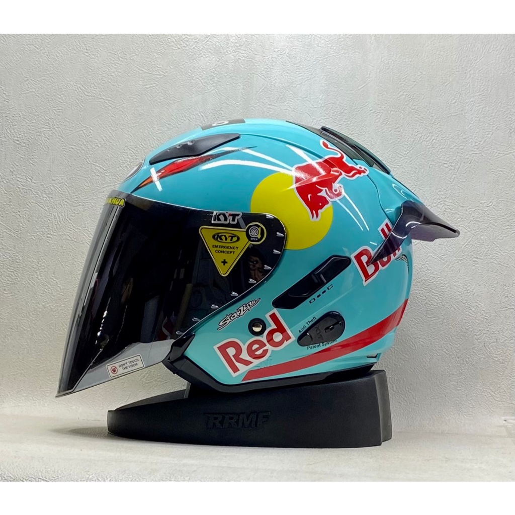 KYT Galaxy Flat R Solid Aqua Blue Paket Ganteng Stiker Redbull Red Visor Iridium - Helm Half Face Do