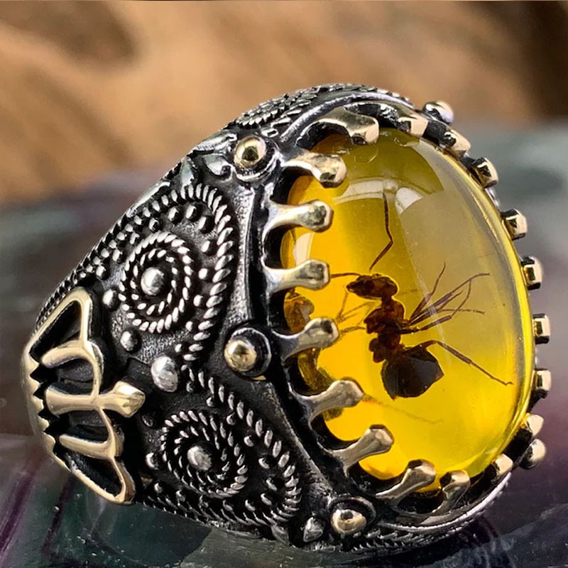 Cincin Batu Kuning Semut - Ant Egg Shaped Oval Yellow Stone Ring / Cincin Pria Gaya Retro Etnik Batu