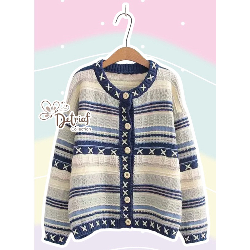 DETRIAF Cardigan Rajut Motif Stripe Biru Sweater Stripe Wanita Cardigan Premium Renjun NCT