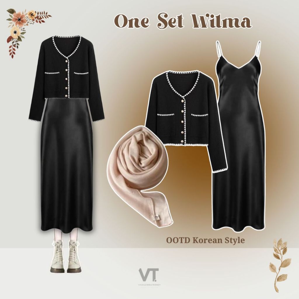 Setelan Wilma (Hijab, Cardigan, Long Dress) OOTD Hijab Casual Wanita, Outfit Kondangan