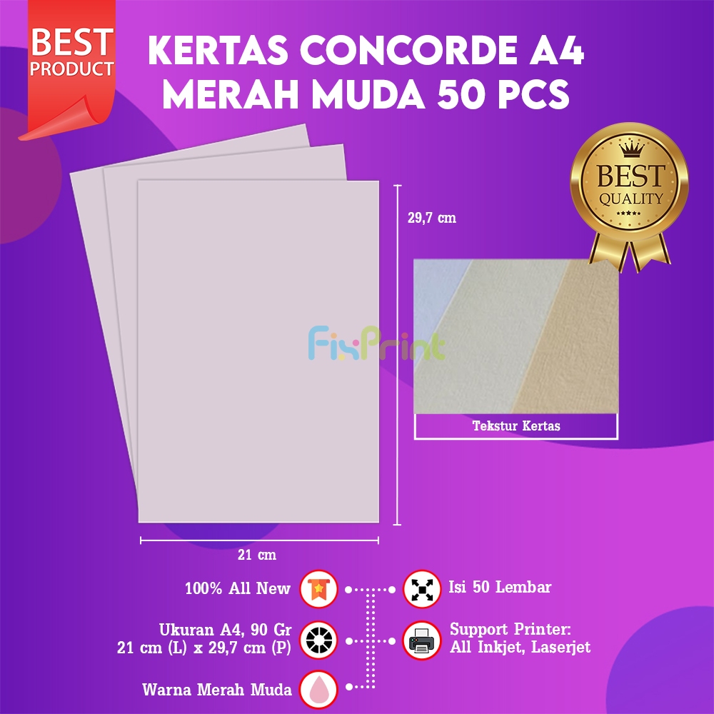 FixPrint Kertas Concorde A4 90gr 1 pack isi 50 Lembar 210mm x 297mm Merah Muda Kertas Serfitikat ata