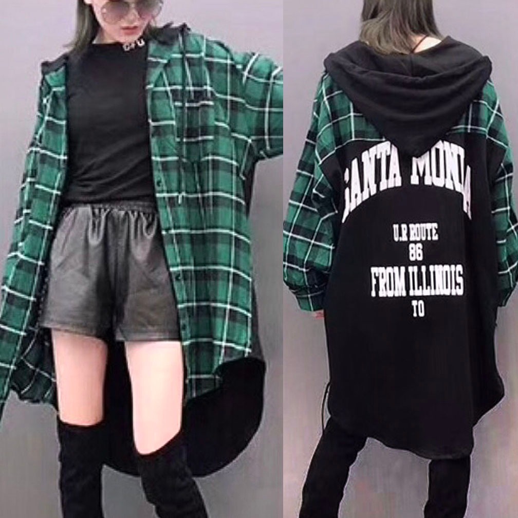 BLUS KEMEJA HOODIE FLANEL KOTAK HIJAU PANEL KAOS OVERSIZE JUMBO KOREA IMPORT