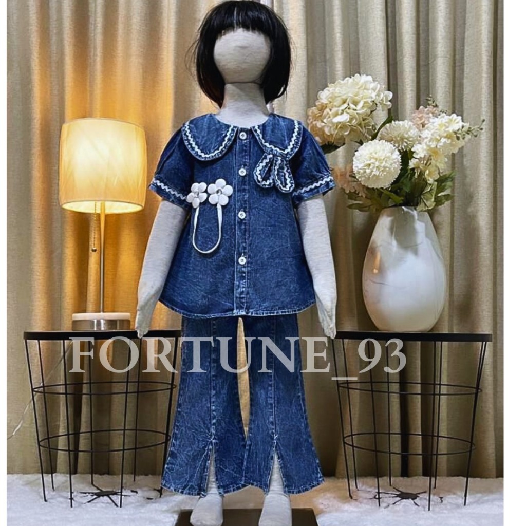 Stelan anak perempuan import korean style kombinasi brokat usia 3 - 10 tahun celana joger jins set a