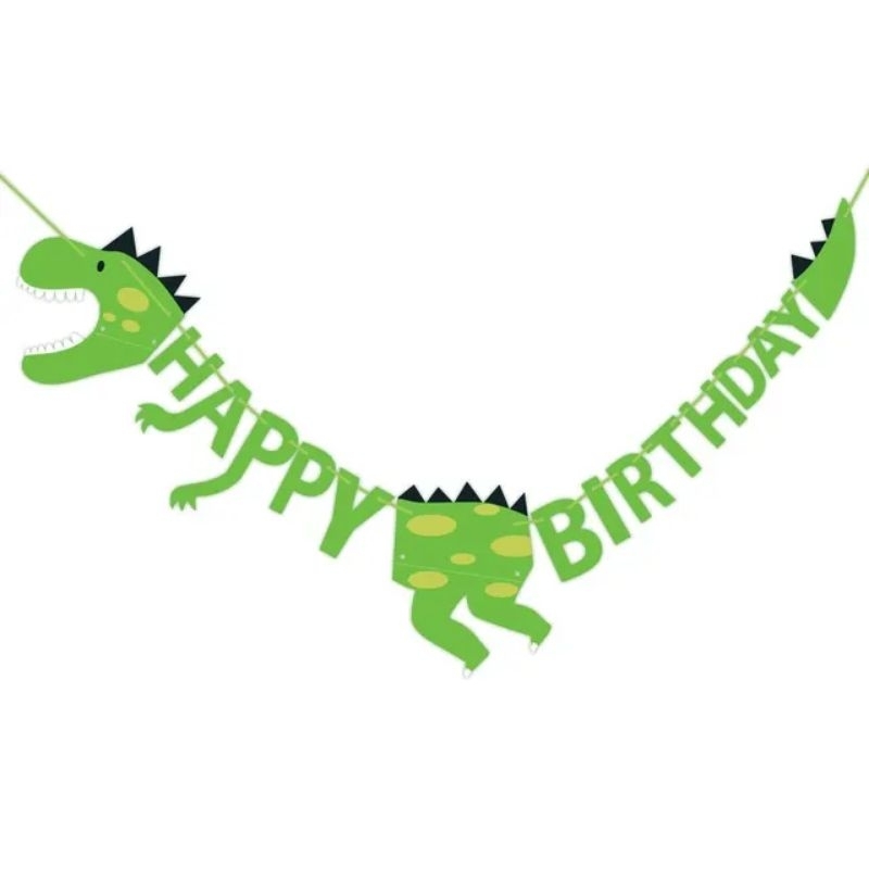 Banner / bunting flag / tulisan / gantungan dinosaurus / dino happy birthday / hbd hijau / green zoo