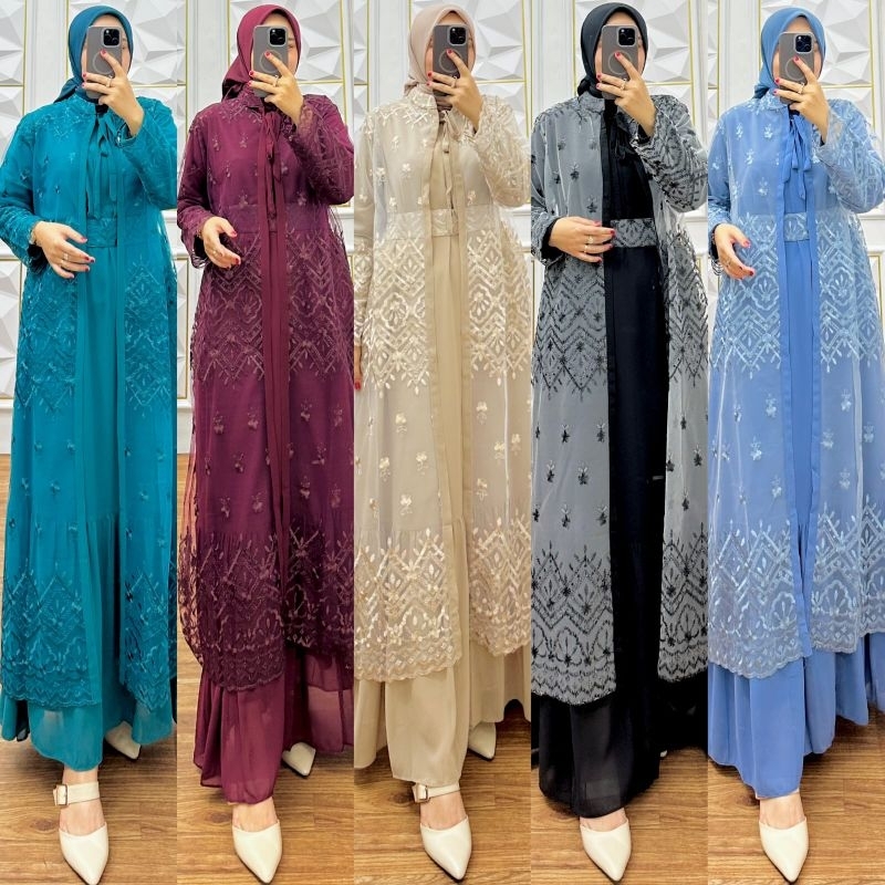 Zhafiraoutfit - Elegant Set Gamis Outer Brokat Lepas Panjang Set Gamis Pesta outer  Setelan Kondanga