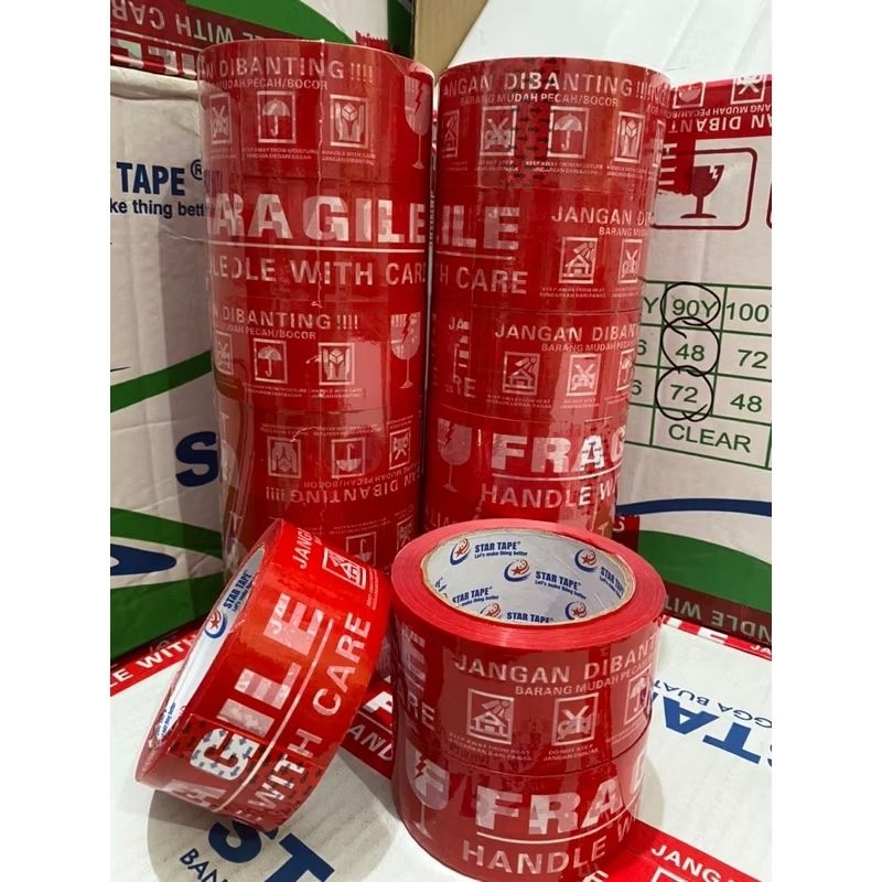 

LAKBAN FRAGILE MERAH (1 DUS) MURAH merk STAR TAPE