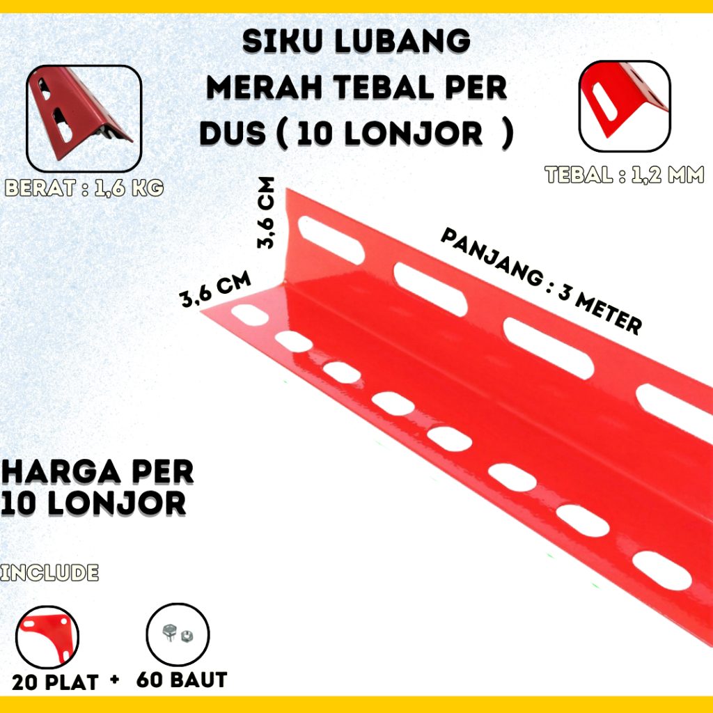 IS Per Dos ( 10 Lonjor ) Siku Lubang 16KG Panjang 3 Meter 36x36mm Tebal Plat Besi Lobang Free Baut &