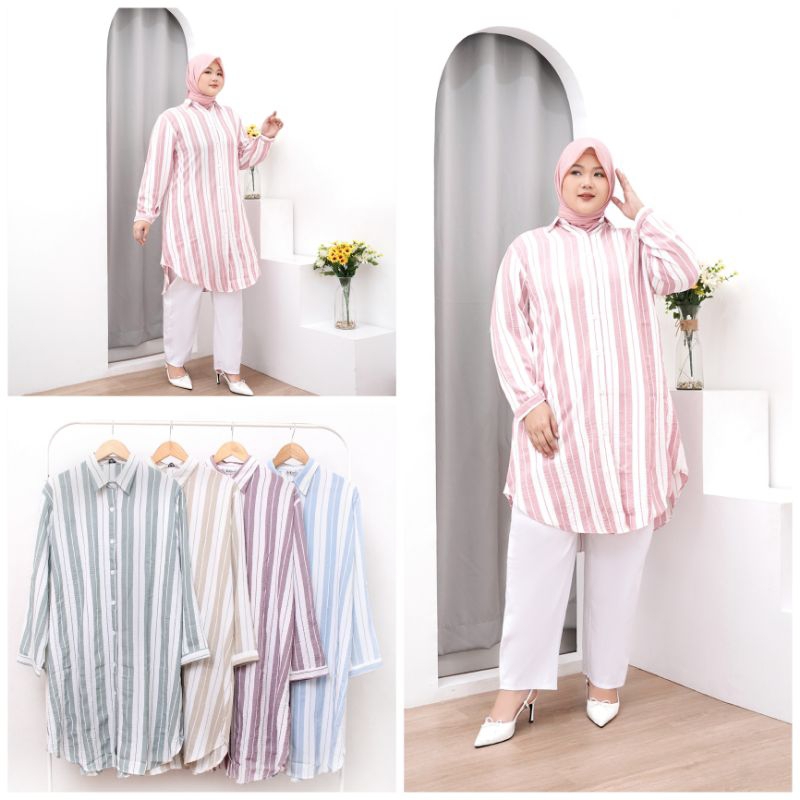 Tunik Jumbo Kemeja Salur Big Size Premium Atasan Formal Wanita