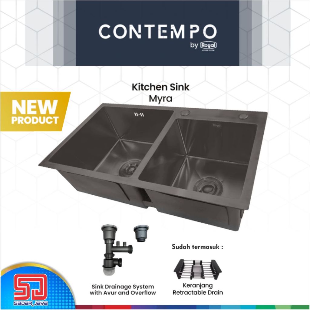 Royal Kitchen Sink Contempo Myra Wastafel 2 Lubang Bak Cuci Piring Hitam Tebal Double Bowl Black