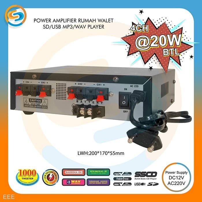 POWER AMPLIFIER RUMAH WALET 4 CH SD USB MP3 WAV PLAYER EEE