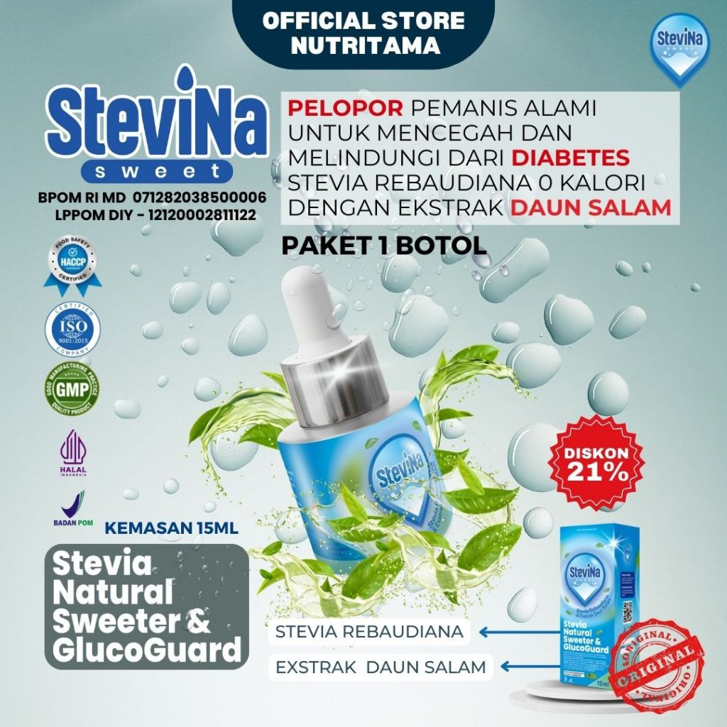 

Stevina Sweet Pemanis Alami 0 Kalori plus Herbal Daun salam Untuk Fungsi Insulin Pengganti Gula 1 Botol 15ml