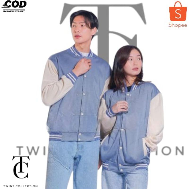 Jaket Baseball Varsity cotton flece Warna Biru Denim Tangan Cream Unisex Pria Dan Wanita