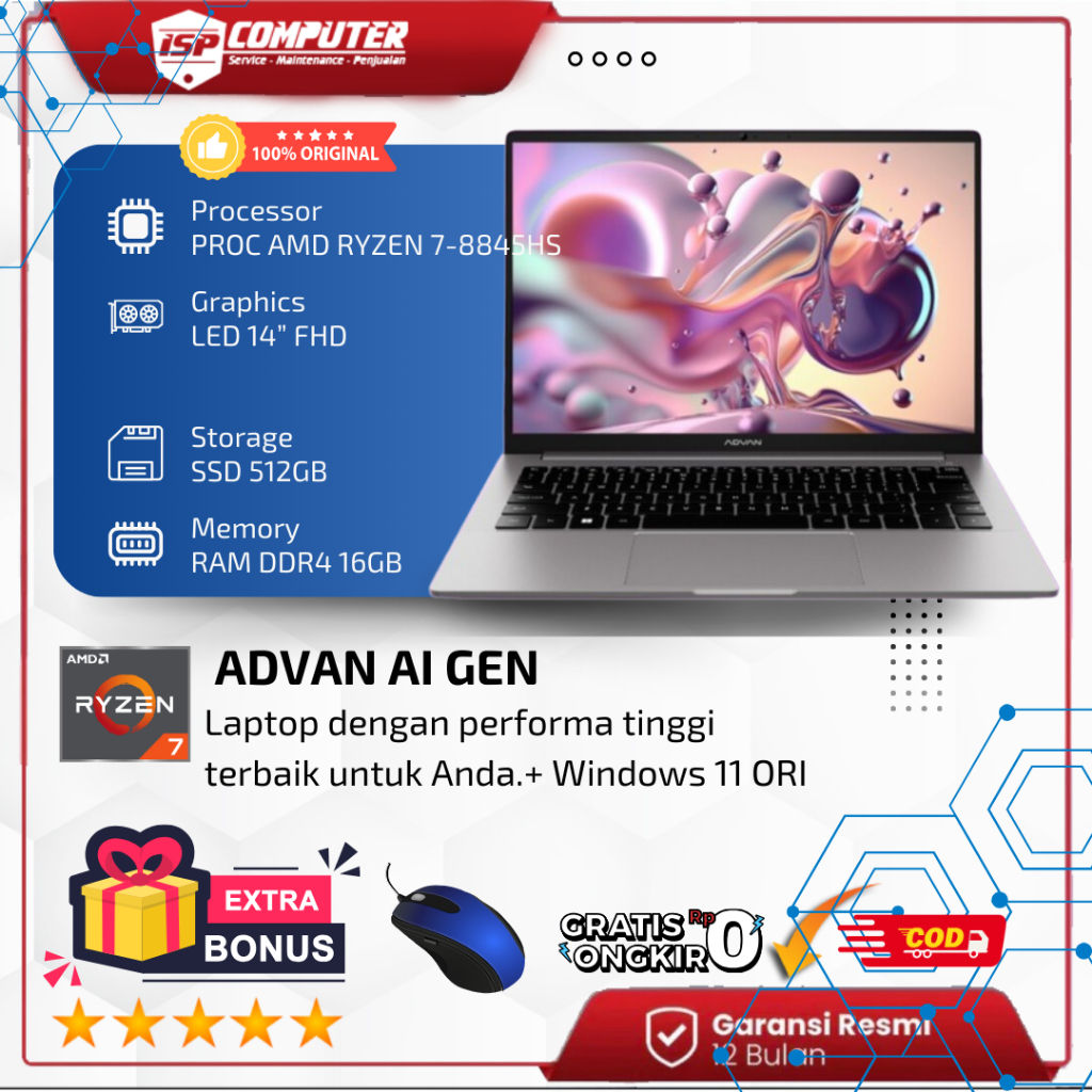 Jual Advan Laptop AI Gen Ryzen 7 8845HS AMD Ryzen AI IPS 100% sRGB 16GB 512GB Win11 - Pondok Laptop 