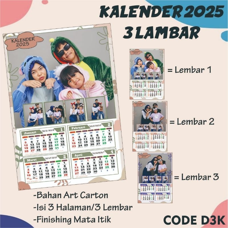 

KALENDER CUSTOM FOTO / KALENDER 2025 / KALENDER FOTO/3 LEMBAR