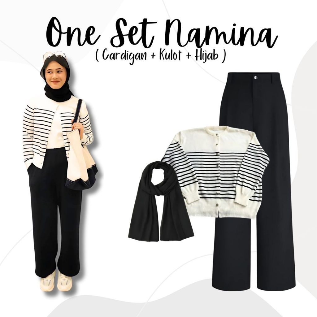 One Set 3in1 Cardigan Strip Kulot Hitam Hijab Pashmina | outfit wanita kampus SK48