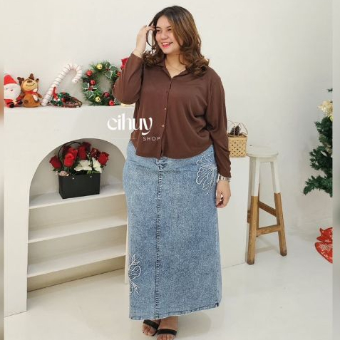 [CIHUY] - Valen Rok Jeans Bordir Flower Bigsize Rok Span Jeans Bordir Bunga Wanita Jumbo