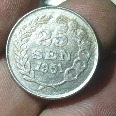 Koleksi koin kuno Asli 25 Sen Tahun 1951 Padi Kapas