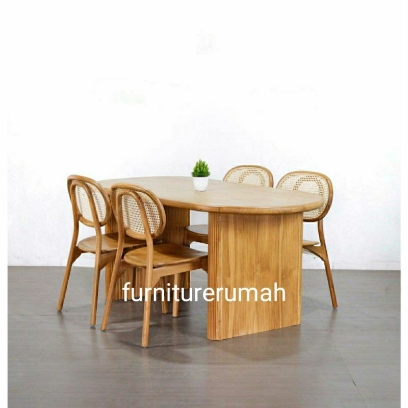 meja makan 4 kursi rotan jati aesthetic, meja makan 4 kursi rotan jati scandinavian