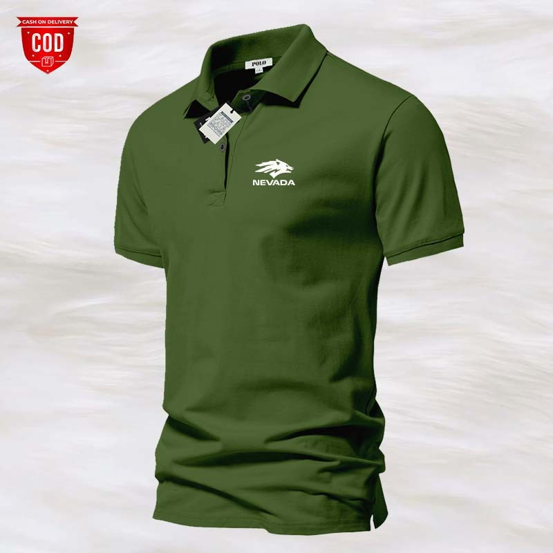 POLO SHIRT PRIA baju kaos kerah / kaos berkerah Nevada Text Logo Putih Kiri / Kaos Polo Atasan Tshir