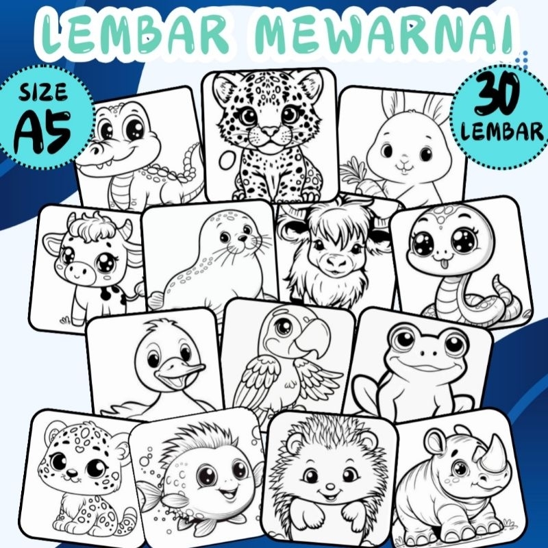 

lembar mewarnai untuk anak kertas ukuran A5, 30 lembar dengan tema hewan
