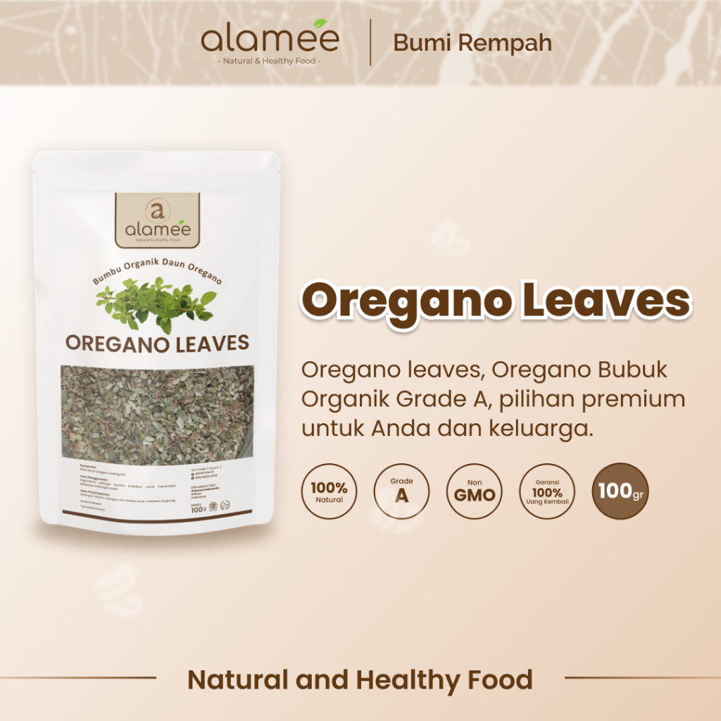 

ALAMEE Oregano Kering Dried Leaves Flakes Garnish Murni Asli Tanpa Campuran Bumbu Masak Dapur 100g