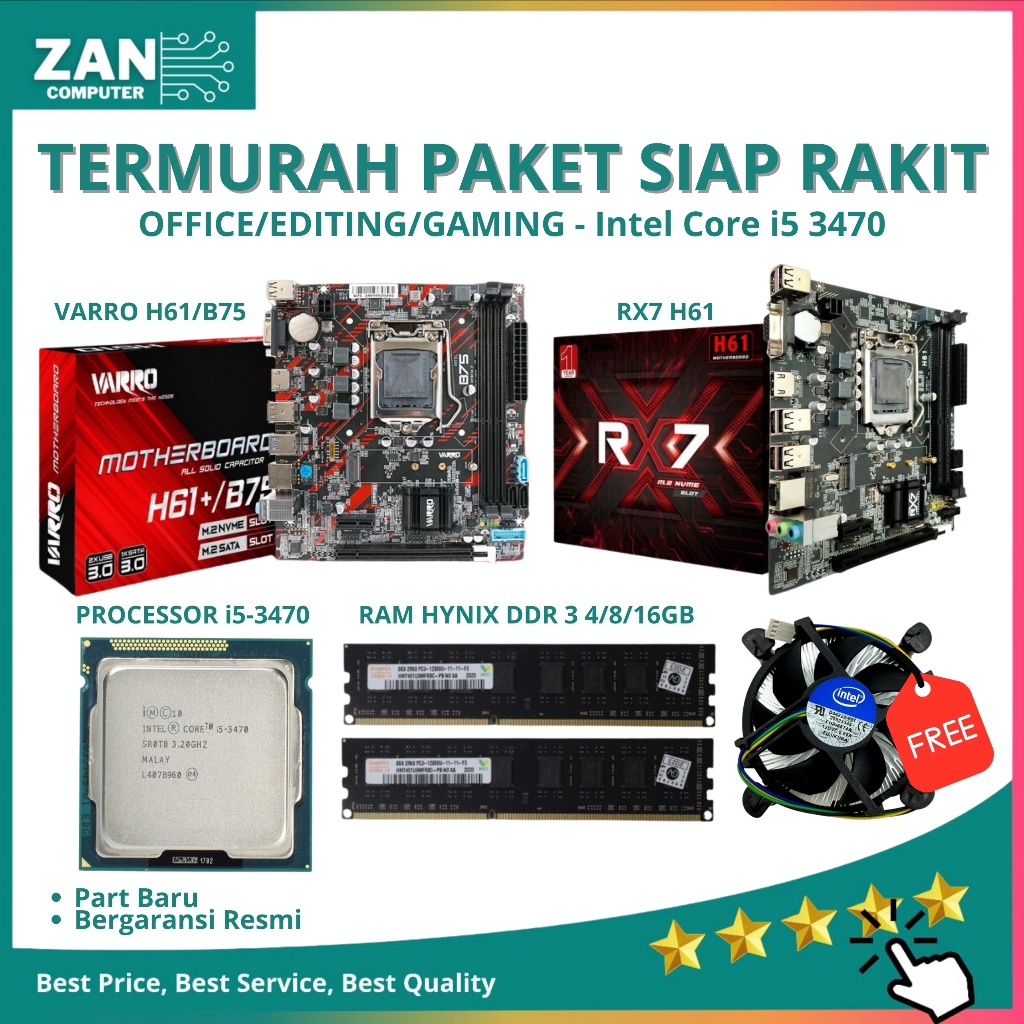 SW17 Motherboard H61 - Paket Mainboard Pc Gaming Fullset Core i5 3470 Varro/Rx7 H61 Plus Lga 1155