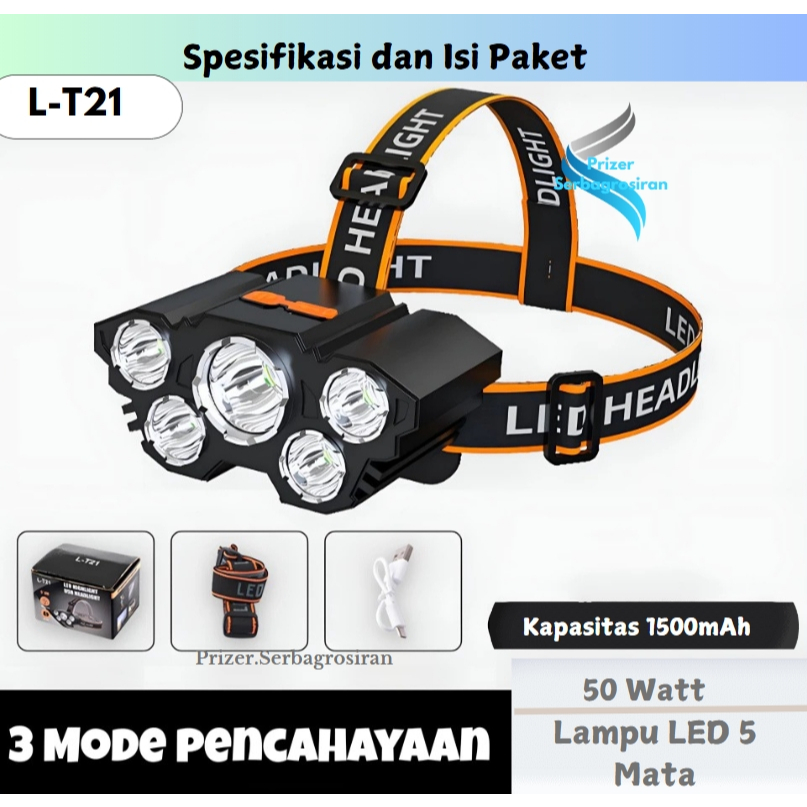 Senter Kepala 40 Watt L-T21 5 Led Rechargerable 4 Mode Cahaya Lampu Senter 50Watt