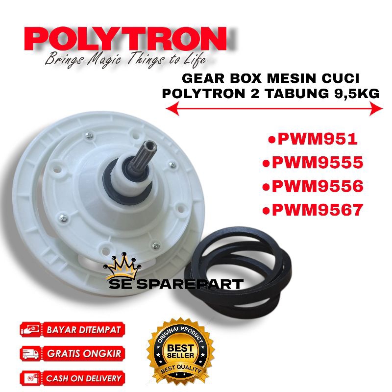 1 PAKET GEARBOX PLUS VANBELT MESIN CUCI POLYTRON 2 TABUNG GIGI10 PWM952 PWM9555 PWM9556 PWM9567 9,5k