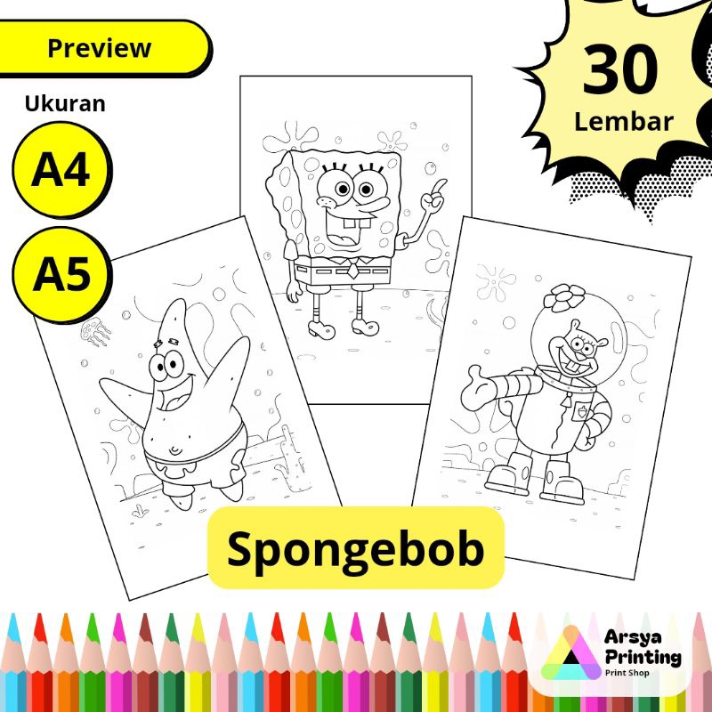 

30 Lembar Kertas Mewarnai Anak Lucu Tema Spongebob Squarepants Ukuran A4 A5