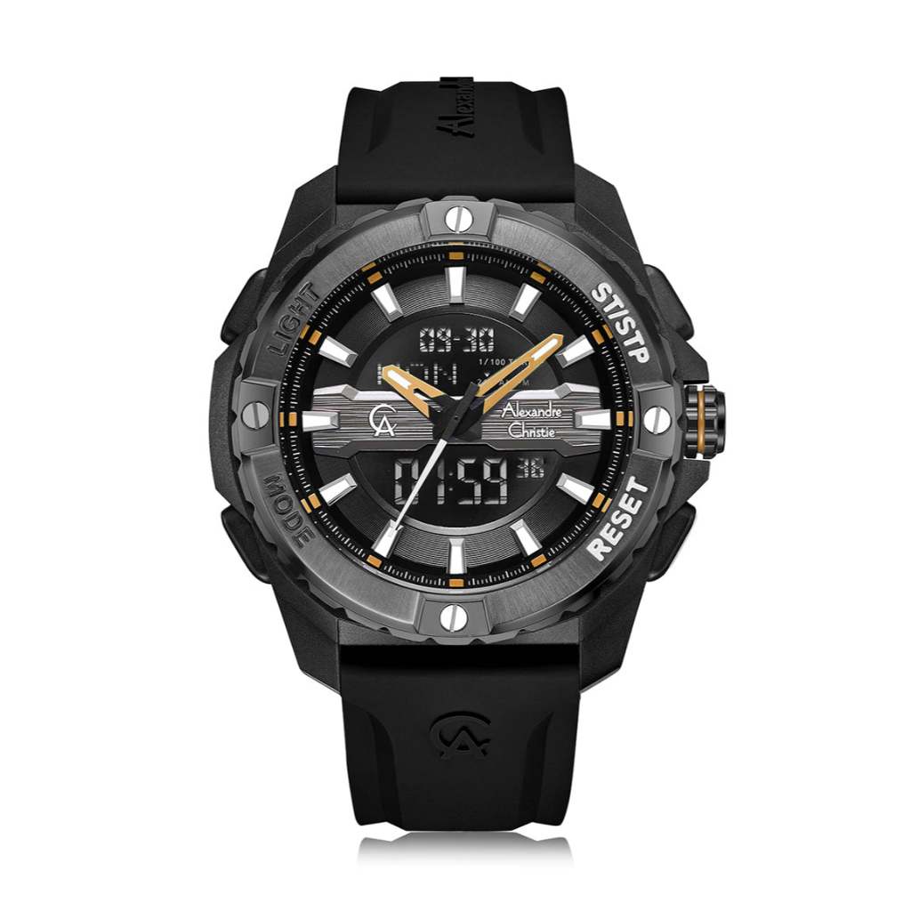 Alexandre Christie AC 9404 MHREPBAYL Hitam Kuning Original / Jam Tangan Pria Analog-Digital Karet MH