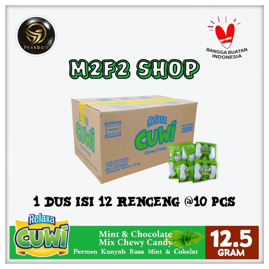 

Relaxa Cuwi Mint & Chocolate Mix Chewy Candy | Permen Kunyah Rasa Mint & Cokelat Sachet - 12,5 gr (Kemasan Karton)