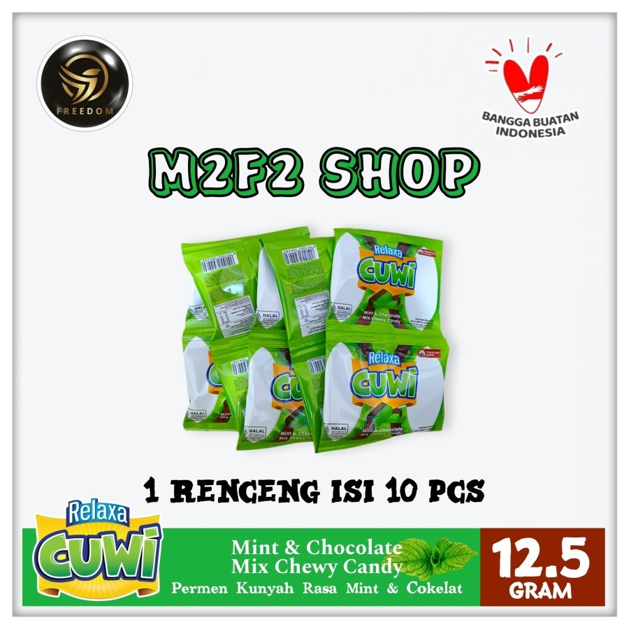 

Relaxa Cuwi Mint & Chocolate Mix Chewy Candy | Permen Kunyah Rasa Mint & Cokelat Sachet - 12,5 gr (Kemasan 1 Renceng)